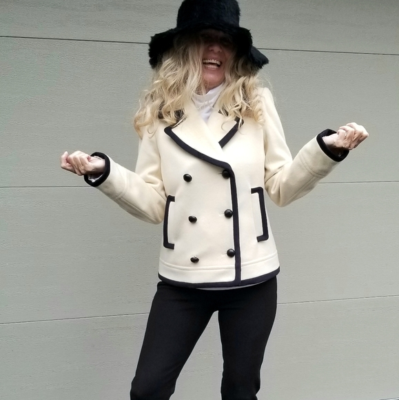 J. Crew Wool Black and White Cropped Pea Coat by Nello Gori, Size 6, $127 - Picture 4 of 13